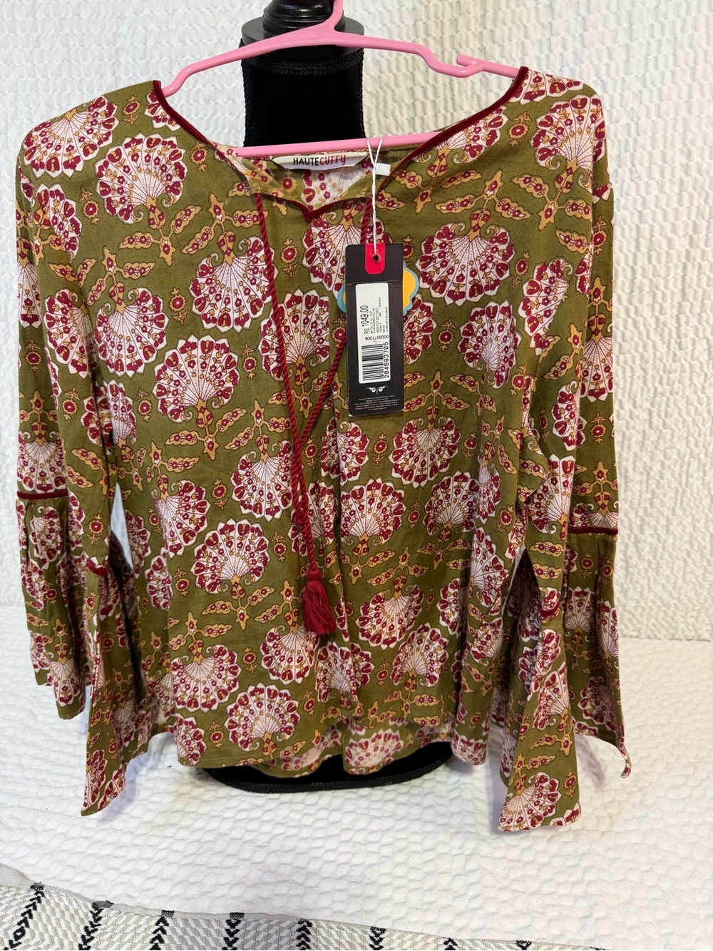 Haute Curry Olive Floral Tie-Front Blouse with Tassel